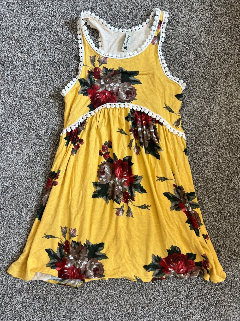 Pomelo Yellow Floral Sleeveless Dress with White Lace Trim